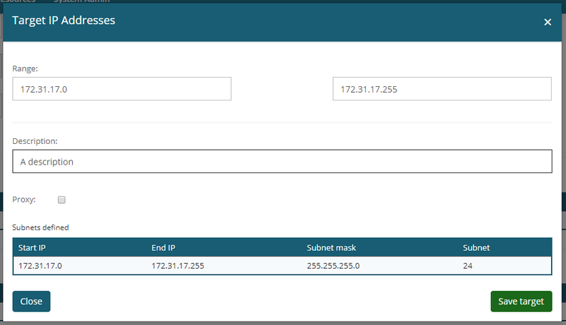 Once a range and description have been defined, the subnets that will be added to SchoolProtect will be visible. If a single IP (/32 subnet) is added to a filtering policy, anything surfing on this IP address will not receive an option to log in on a block page, if USO filtering is set up. The page will warn you if this is the case, by highlighting the subnet red and displaying a message.