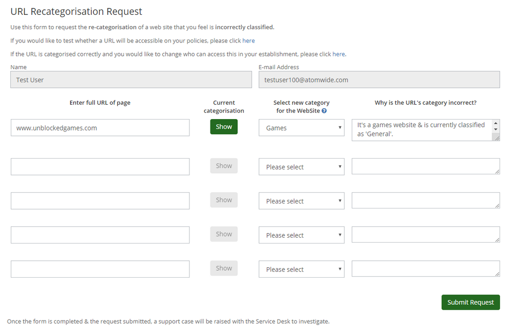 In this example a games website is being submitted to be reclassified. 