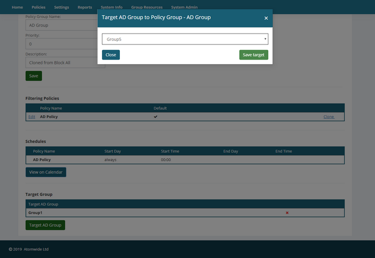 In this example, the earlier Group5 is being linked to a policy group. A user in the Group5 security group in AD would recieve this policy group, if there was not another policy group with a higher priority they were also part of.