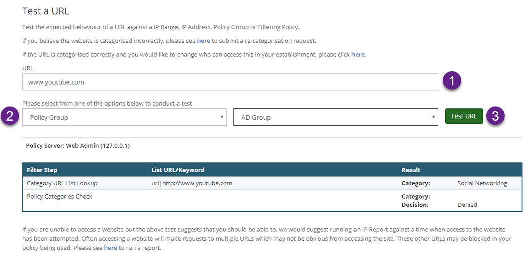 In the example above, Youtube would be blocked as Social Networking is denied in the 'AD group' policy group.